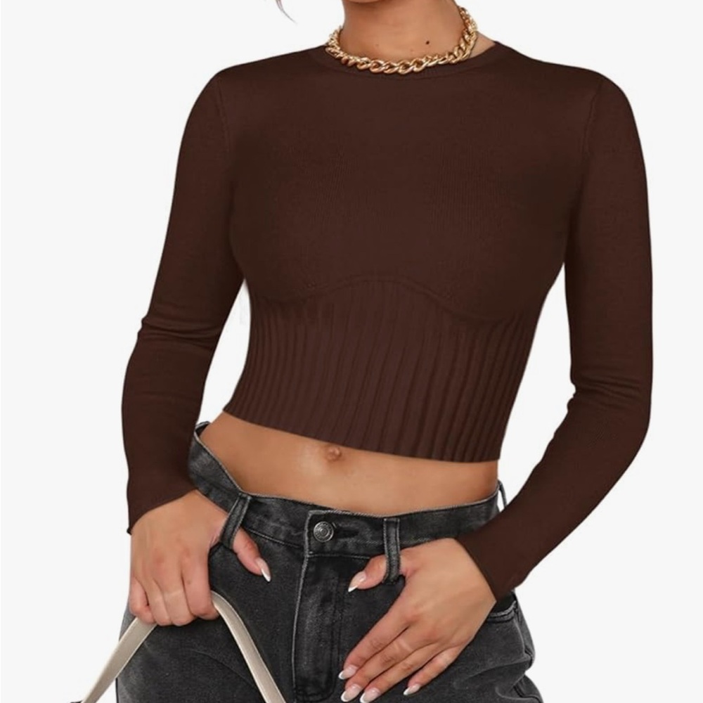 REORIA Women's Trendy Fall Crew Neck Cropped Sweater Dark Brown Size M